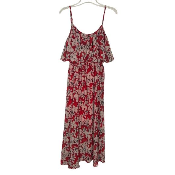 TTI Floral Off Shoulder Chiffon Red Maxi Dress Size Small - Picture 1 of 16